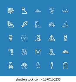 Editable 25 high icons for web and mobile. Set of high included icons line Chair, Thermometer, Auto flash, Electric tower, Rainbow, Boot, Levels, Lesson, Temperature on blue background