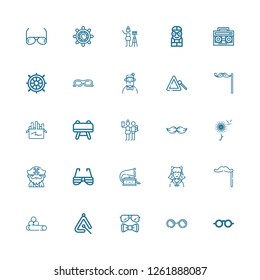 Editable 25 hipster icons for web and mobile. Set of hipster included icons line Sunglasses, Triangle, Chalk, Mustache, Cosplayer, Phonograph, Beard, Dandelion on white background
