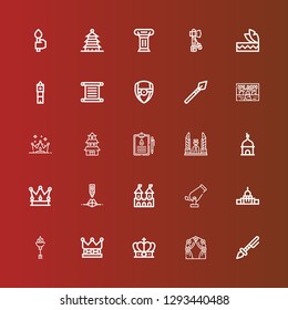 Editable 25 history icons for web and mobile. Set of history included icons line Prehistoric, Arch, Crown, Torch, Capitol, Cannon, Fortress, Pyramid, Tower, Democracy monument on red