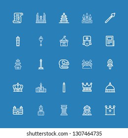 Editable 25 history icons for web and mobile. Set of history included icons line Crown, Sphinx, Column, Knight, Castle, Vatican, National mall, Tower, Torch on blue background