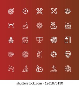 Editable 25 hit icons for web and mobile. Set of hit included icons line Target, Golfer, Bowling, Cheers, Drum, Archery, Punching bag, Drums, Darts on red
