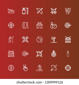Editable 25 hit icons for web and mobile. Set of hit included icons line Target, Archery, Golfer, Touch, Punching bag, Drum, Bowling, Darts, Shooter, Knuckle on red