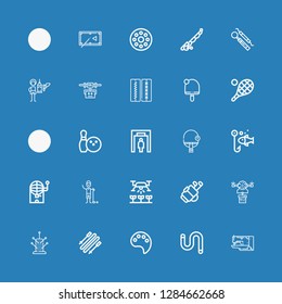 Editable 25 hobby icons for web and mobile. Set of hobby included icons line Sewing machine, Worm, Paint palette, Skii, Pincushion, Drone, Golf, Golfer, Bingo on blue background