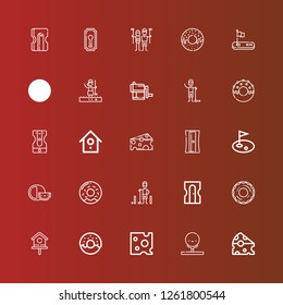 Editable 25 hole icons for web and mobile. Set of hole included icons line Cheese, Golf, Donut, Birdhouse, Sharpener, Golfer, Keyhole on red