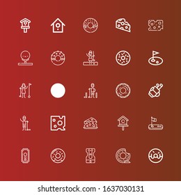 Editable 25 hole icons for web and mobile. Set of hole included icons line Donut, Sharpener, Keyhole, Golf, Birdhouse, Cheese, Golfer, Doughnut on red
