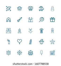 Editable 25 holiday icons for web and mobile. Set of holiday included icons line Calendar, Cotton candy, Cake, Fireworks, Candles, Starfish, Witch, Pisa, Heart on white background