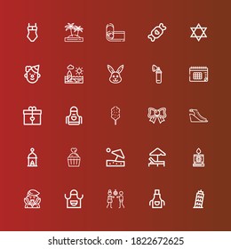 Editable 25 holiday icons for web and mobile. Set of holiday included icons line Pisa, Apron, Disco, Dracula, Candle, Sunbed, Beach umbrella, Cupcake, Lantern, Sandals on red