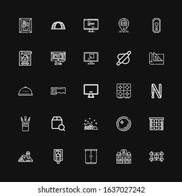 Editable 25 home icons for web and mobile. Set of home included icons line Wall bracket, Houses, Wardrobe, Water heater, House, Cabinet, Dish, Igloo, Localize on black background
