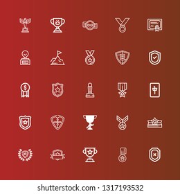 Editable 25 honor icons for web and mobile. Set of honor included icons line Shield, Medal, Trophy, Winner, Award, Police badge, Mahjong, Achievement, Merit, Badge on red