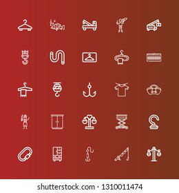 Editable 25 hook icons for web and mobile. Set of hook included icons line Balance, Fishing, Hook, Wardrobe, Carabiner, Lift, Pirate, Pirates, Clothes hanger, Crane, Hanger on red