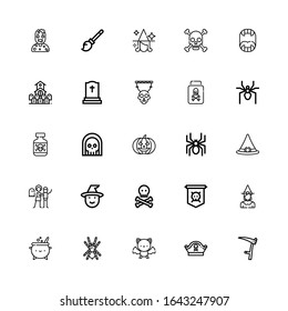 Editable 25 horror icons for web and mobile. Set of horror included icons line Scythe, Pirate hat, Bat, Tarantula, Cauldron, Witch, Jolly roger, Skull, Haunted house on white background