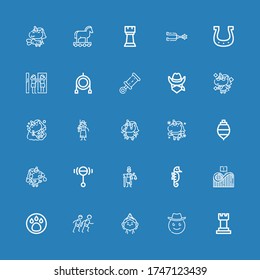 Editable 25 horse icons for web and mobile. Set of horse included icons line Chess, Cowboy, Birthday girl, Race, Animal, Roller coaster, Seahorse, Mythology on blue background