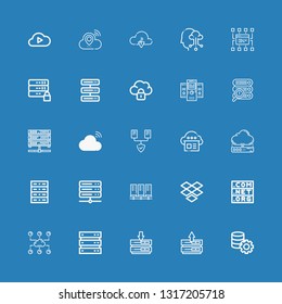 Editable 25 hosting icons for web and mobile. Set of hosting included icons line Server, Cloud, Domain, Dropbox, Servers, Cloud server, Sitemap, Cloud computing on blue background