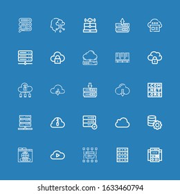 Editable 25 Hosting Icons For Web And Mobile. Set Of Hosting Included Icons Line Web Site, Server, Sitemap, Cloud Computing, Domain, Icloud, Zip Cloud, Cloud On Blue Background