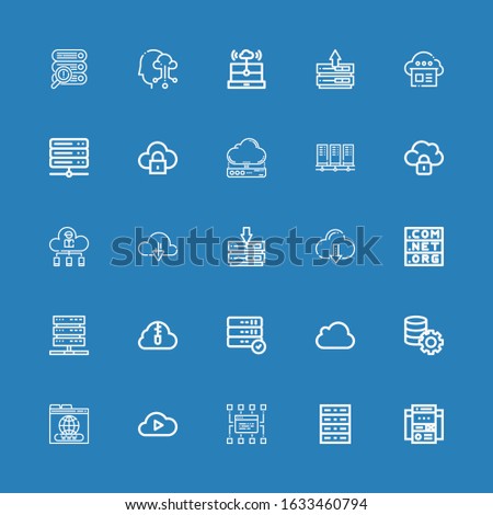 Editable 25 hosting icons for web and mobile. Set of hosting included icons line Web site, Server, Sitemap, Cloud computing, Domain, Icloud, Zip cloud, Cloud on blue background