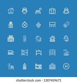 Editable 25 hotel icons for web and mobile. Set of hotel included icons line Hotel, Houses, Bunk bed, Building, Room service, House, Bed, Bus stop, Maid, Door hanger on blue background