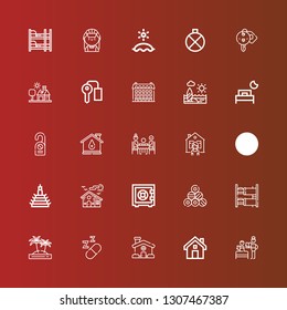 Editable 25 hotel icons for web and mobile. Set of hotel included icons line Bedtime, House, Sleeping, Island, Bunk bed, Pool, Safebox, Building, Swimming pool, Dinner on red