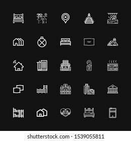 Editable 25 hotel icons for web and mobile. Set of hotel included icons line Pool, Bed, Honeymoon, House, Bunk bed, Building, Travel, Houses, Swimming pool on black background