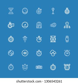 Editable 25 hour icons for web and mobile. Set of hour included icons line Alarm clock, Stopwatch, Digital clock, Stopclock, Chronometer, Backward, Waiting on blue background