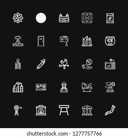 Editable 25 house icons for web and mobile. Set of house included icons line Ratchet, Courthouse, Table, Fireplace, Vane, Indian tent, Bathtub, Dutch, Stove on black background