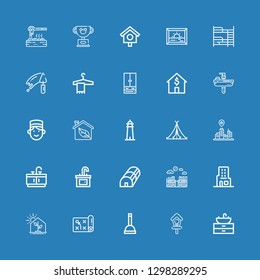 Editable 25 house icons for web and mobile. Set of house included icons line Sink, Bird house, Plunger, Planning, Greenhouse, Skyscraper, Merida, Bathroom, Cityscape on blue background