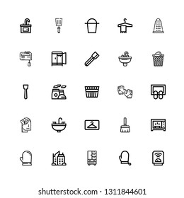 Editable 25 household icons for web and mobile. Set of household included icons line Heater, Gloves, Wardrobe, Skyscraper, Glove, Microwave, Broom, Hanger on white background