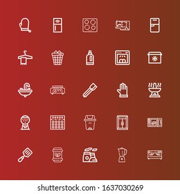 Editable 25 household icons for web and mobile. Set of household included icons line Coffee machine, Blender, Chimney, Waste, Spatula, Microwave oven, Wardrobe, Trash can on red
