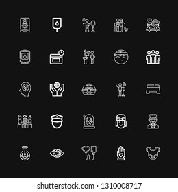 Editable 25 human icons for web and mobile. Set of human included icons line Body, Hand, Blood donation, Vision, Insemination, Man, Pilot, Scientist, Policeman on black background