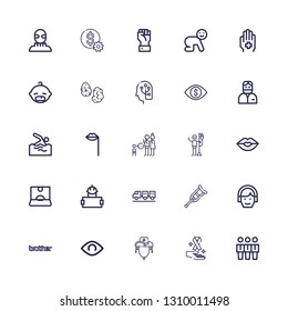 Editable 25 human icons for web and mobile. Set of human included icons line Team, Cancer, Cowboy hat, View, Brother, Avatar, Crutch, Carrier, Worker, Influencer on white background