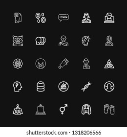Editable 25 human icons for web and mobile. Set of human included icons line Barefoot, Wig, Genders, Detective, Meeting, User, Genetic, Ngo, Training, Mind on black background