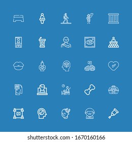 Editable 25 human icons for web and mobile. Set of human included icons line Crutch, Worker, Mind, Group, Cage, Bone, Waiting room, Fist, Memorize, Heart, Neural on blue background