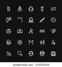 Editable 25 Human Icons For Web And Mobile. Set Of Human Included Icons Line Team, Frankenstein, Avatar, Love, Priest, Businessman, Doctor, Couple, Dollar On Black Background