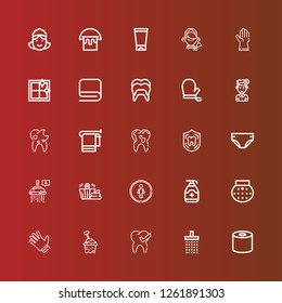 Editable 25 hygiene icons for web and mobile. Set of hygiene included icons line Tissue, Shower, Tooth, Bucket, Gloves, Gel, Restroom, Sauna, Diaper, Dental, Towel, Dentist on red