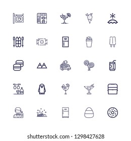 Editable 25 ice icons for web and mobile. Set of ice included icons line Doughnut, Candy, Refrigerator, Igloo, Barman, Ice box, Martini, Cocktail, Penguin on white background