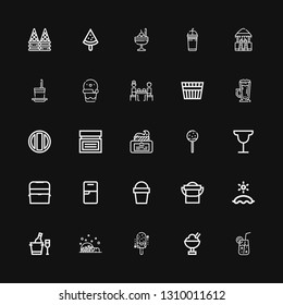 Editable 25 ice icons for web and mobile. Set of ice included icons line Cocktail, Ice cream, Igloo, bucket, Beach, Bucket, Sand bucket, Fridge, box on black background