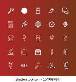 Editable 25 ice icons for web and mobile. Set of ice included icons line Chairlift, Ice hockey, Lollipop, Puck, Cocktail, Hotdog, cream, Portable fridge, Sweater, Fast food on red