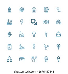 Editable 25 ice icons for web and mobile. Set of ice included icons line Ice cream, Beach, Portable fridge, Candies, Lollipop, Martini, Popsicle, Snow, bucket on white background