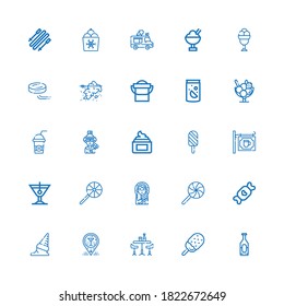 Editable 25 ice icons for web and mobile. Set of ice included icons line Soda, Ice cream, Bar, Candy, Lollipop, Eskimo, Cocktail, Cream, Skier, Milkshake, Bucket on white background