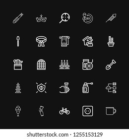 Editable 25 icon icons for web and mobile. Set of icon included icons line Mug, Socket, Bicycle, Pads, Ice cream, Data, Spray, WASHING HANDS, Shield, Buildings on black background