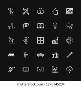 Editable 25 up icons for web and mobile. Set of up included icons line Upload, Shared folder, Like, Stop, Stairs, Makeup, Pick up, Merge, Step, Thumb down on black background