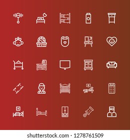 Editable 25 icons for web and mobile. Set of bed included icons line Bellboy, Rattle, Closet, Bed, Medical bed, Mattress, Sunbed, Baby bed, Checker, Stretcher, Sofa on red