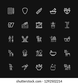 Editable 25 and icons for web and mobile. Set of and included icons line Gardener, Mortar, Shears, Garden, Singer, Concert, Platform, Gardening, Boarding, Shear on black background