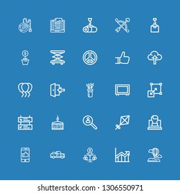 Editable 25 up icons for web and mobile. Set of up included icons line Hot air balloon, Increase, Growth, Pick up, Like, Fist, Kite, Research, Crane, Departures on blue background