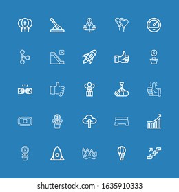 Editable 25 up icons for web and mobile. Set of up included icons line Stairs, Hot air balloon, Knuckle, Startup, Growth, Performance, Step, Upload, Stop, Thumbs up on blue background