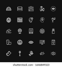 Editable 25 iconos de ideas para web y móvil. El conjunto de ideas incluía iconos línea Ojo, Paloma, Idea, Lámpara, Enviar, Libro de Esquemas, Tipografía, Signo de Paz, Puzzle, Confrontes sobre fondo negro