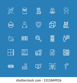 Editable 25 identity icons for web and mobile. Set of identity included icons line Dove, d, Coding, Parallel world, ID, Border, User, Barcode, Tooth, Owl, H o on blue background