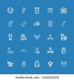 Editable 25 illness icons for web and mobile. Set of illness included icons line Syrup, Caduceus, Drug, Blood donation, Stretcher, Pills, Medical bed, Cancer on blue background