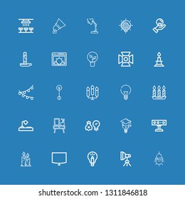 Editable 25 illumination icons for web and mobile. Set of illumination included icons line Lamp, Light, Idea, Night stand, Candles, Spotlight, Bulb, Ideas, Desk lamp on blue background