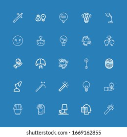 Editable 25 imagination icons for web and mobile. Set of imagination included icons line Magic wand, Intellectual, Lamp, Imagination, Idea, Brain, Unicorn, Brainstorming on blue background