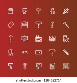 Editable 25 improvement icons for web and mobile. Set of improvement included icons line Tool box, Painting, Erase, Screw, Paint roller, Ladder, Roller, Speed, Paint, Hammer on red